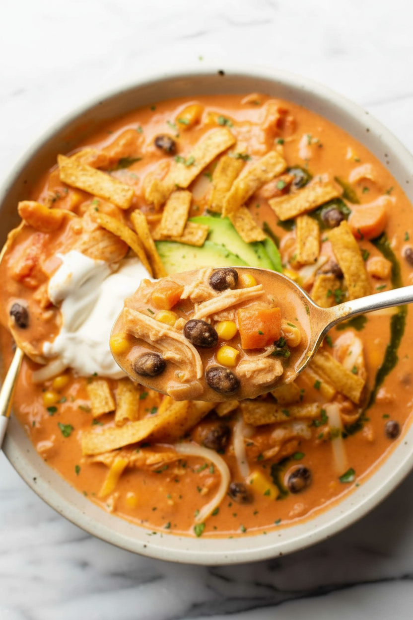 Macro view of creamy chicken tortilla soup showing the velvety texture achieved with an immersion blender and heavy cream.