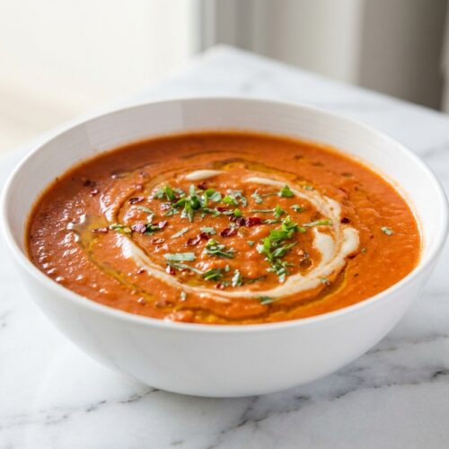Creamy Vegan Tomato Soup in a ceramic bowl on white marble, featuring a savory white miso paste twist.