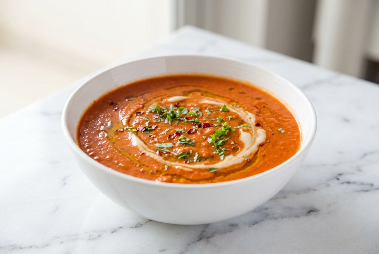 Creamy Vegan Tomato Soup in a ceramic bowl on white marble, featuring a savory white miso paste twist.