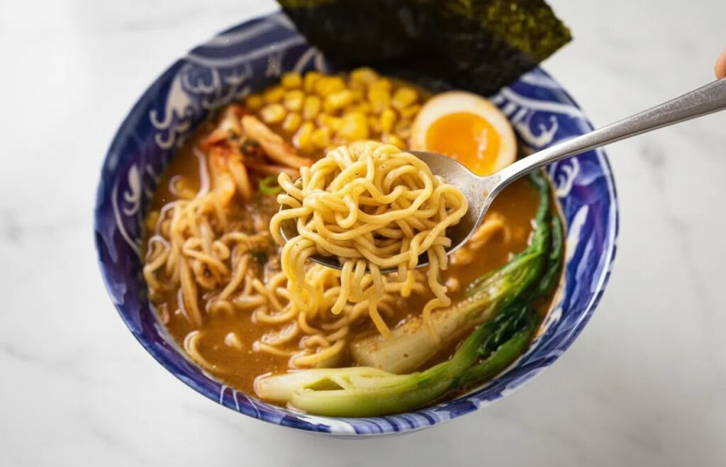 Close-up of the creamy emulsification of soy milk and miso broth in a Vegetarian Ramen bowl under natural window lighting.