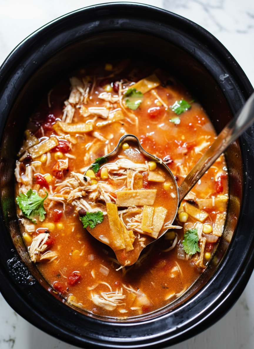 Thick crockpot chicken tortilla soup in a ceramic bowl on white marble, showing the velvety texture from a masa harina slurry.
