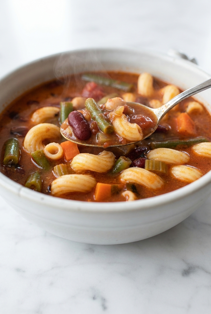 Close-up of Vegan Minestrone Soup simmering in a Dutch oven, highlighting the velvety texture under natural window lighting.
