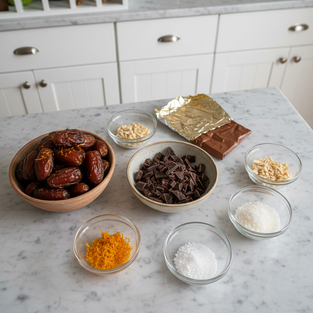 Fresh dates, a bar of dark chocolate, and flaky sea salt arranged neatly as ingredients for dark chocolate covered dates.