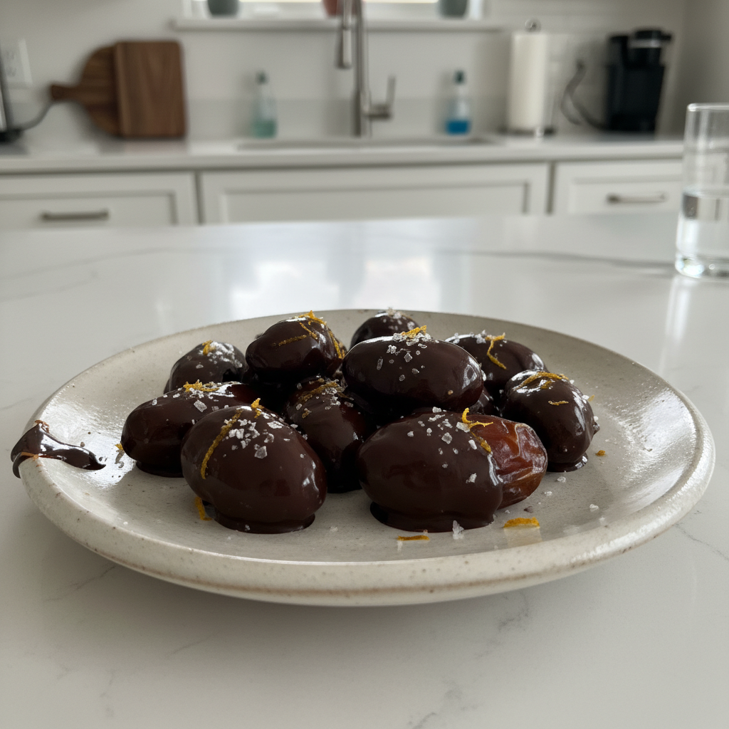 A beautiful plate of decadent dark chocolate covered dates, sprinkled with sea salt, ready to enjoy.