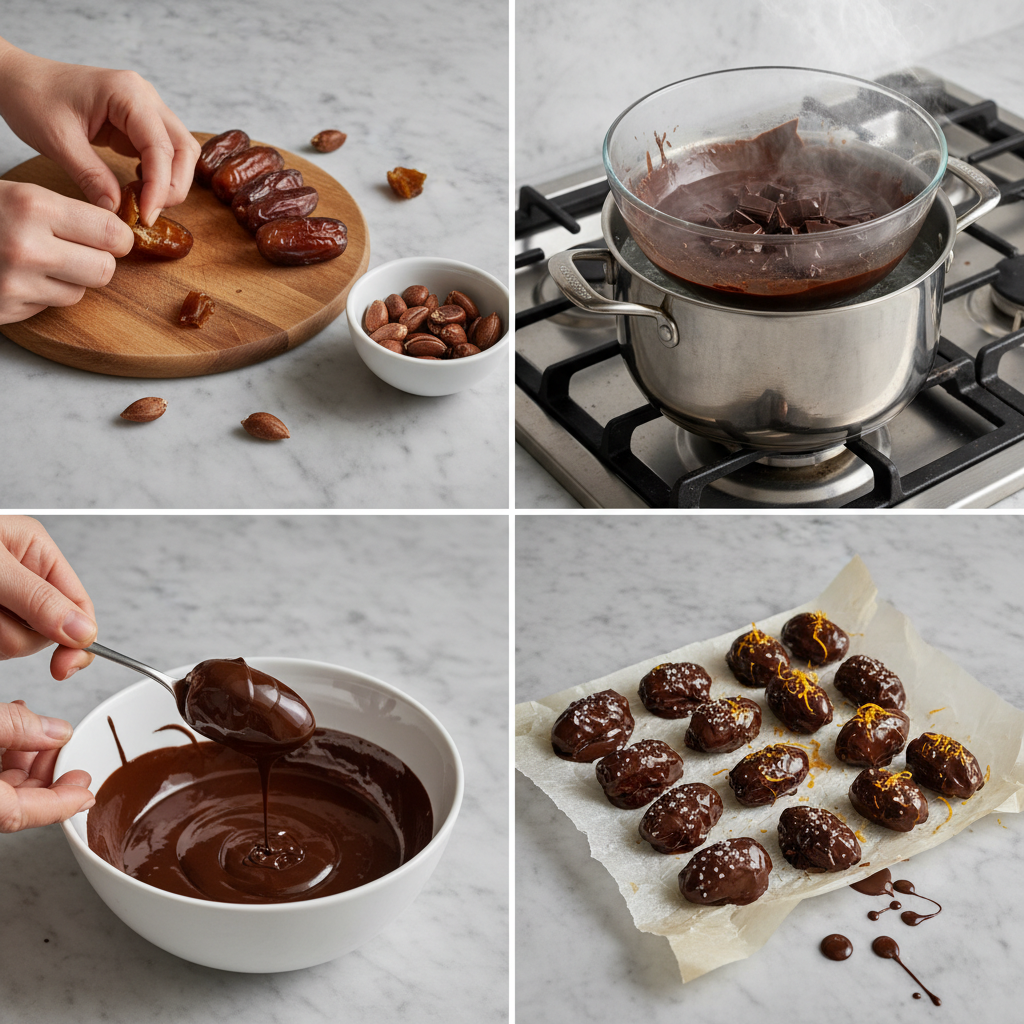 Hands dipping a date into rich, melted dark chocolate, showing a step in making dark chocolate covered dates.