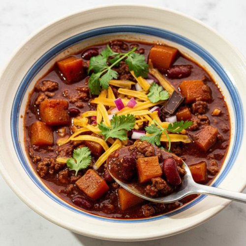 Ground turkey chili recipe in a minimalist ceramic bowl on white marble, featuring a dark umami cocoa and espresso twist.