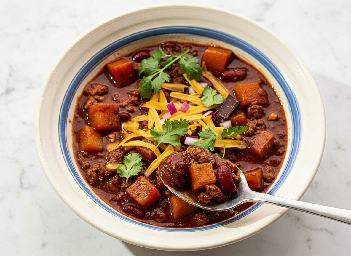 Ground turkey chili recipe in a minimalist ceramic bowl on white marble, featuring a dark umami cocoa and espresso twist.