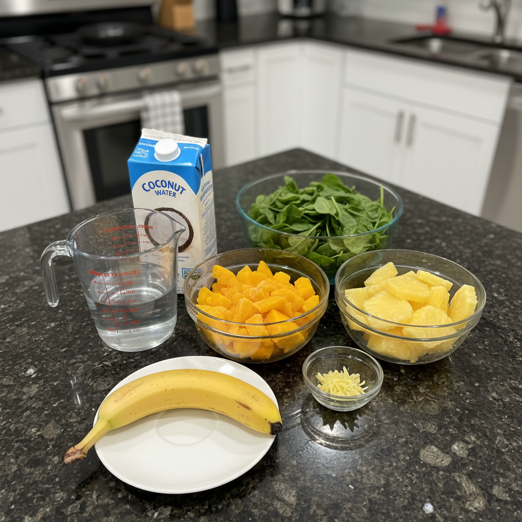 Fresh spinach, pineapple chunks, mango, banana, and ginger laid out as ingredients for a Detox Island Green Smoothie.