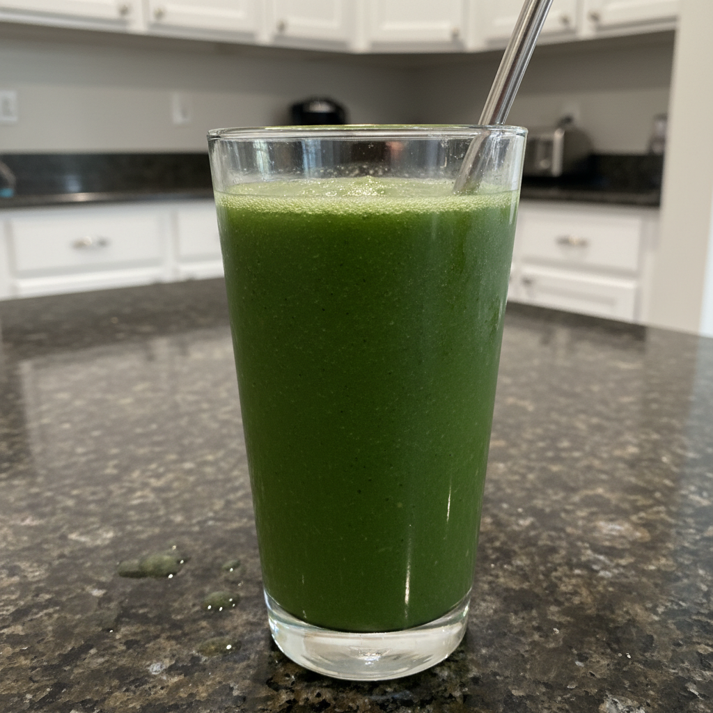 A vibrant green Detox Island Green Smoothie, garnished with fresh mint, in a tall glass.