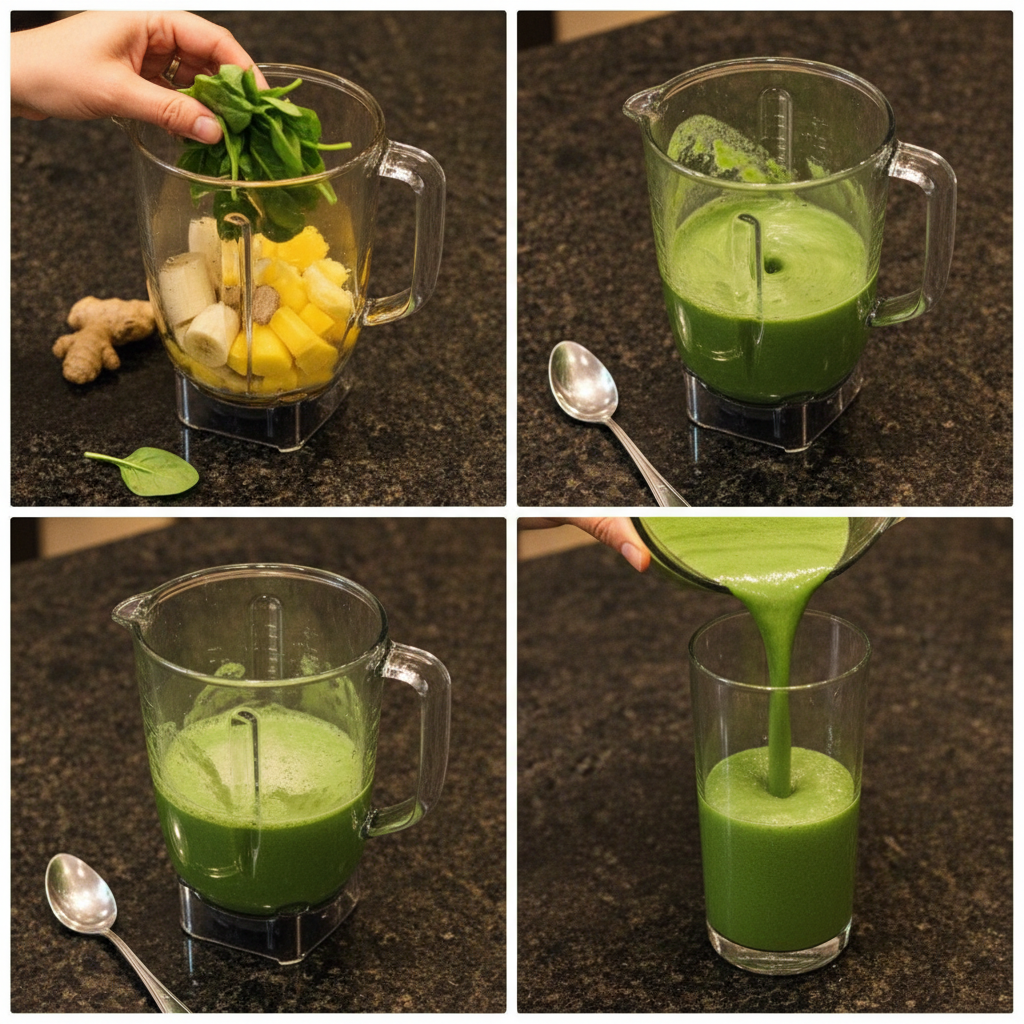 A hand pouring a creamy, green Detox Island Green Smoothie from a blender into a glass.