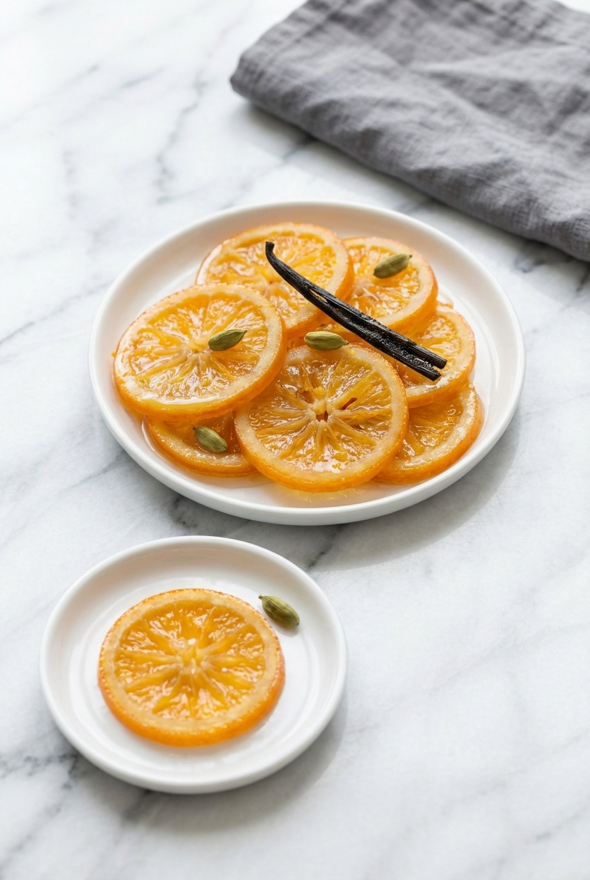 Candied orange slices resting on a wire cooling rack over a minimalist marble surface to set.