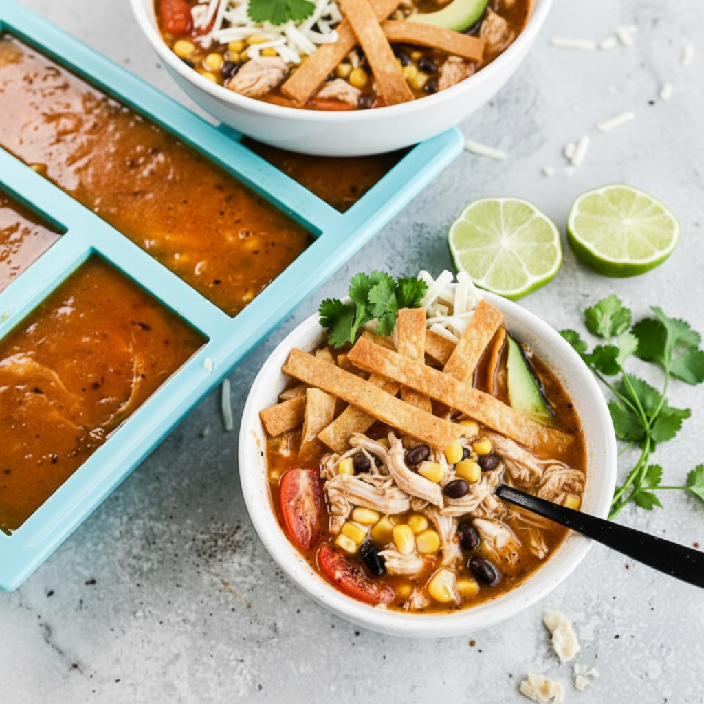 Close-up texture of easy chicken tortilla soup showing the rich, blended broth and bits of fire-roasted tomatoes.