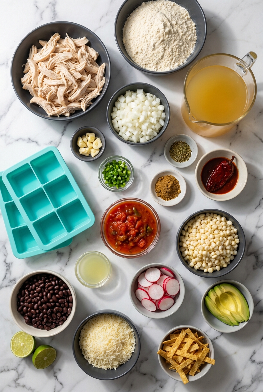 Flat lay of ingredients for easy chicken tortilla soup including rotisserie chicken and fire-roasted tomatoes on a white marble surface.