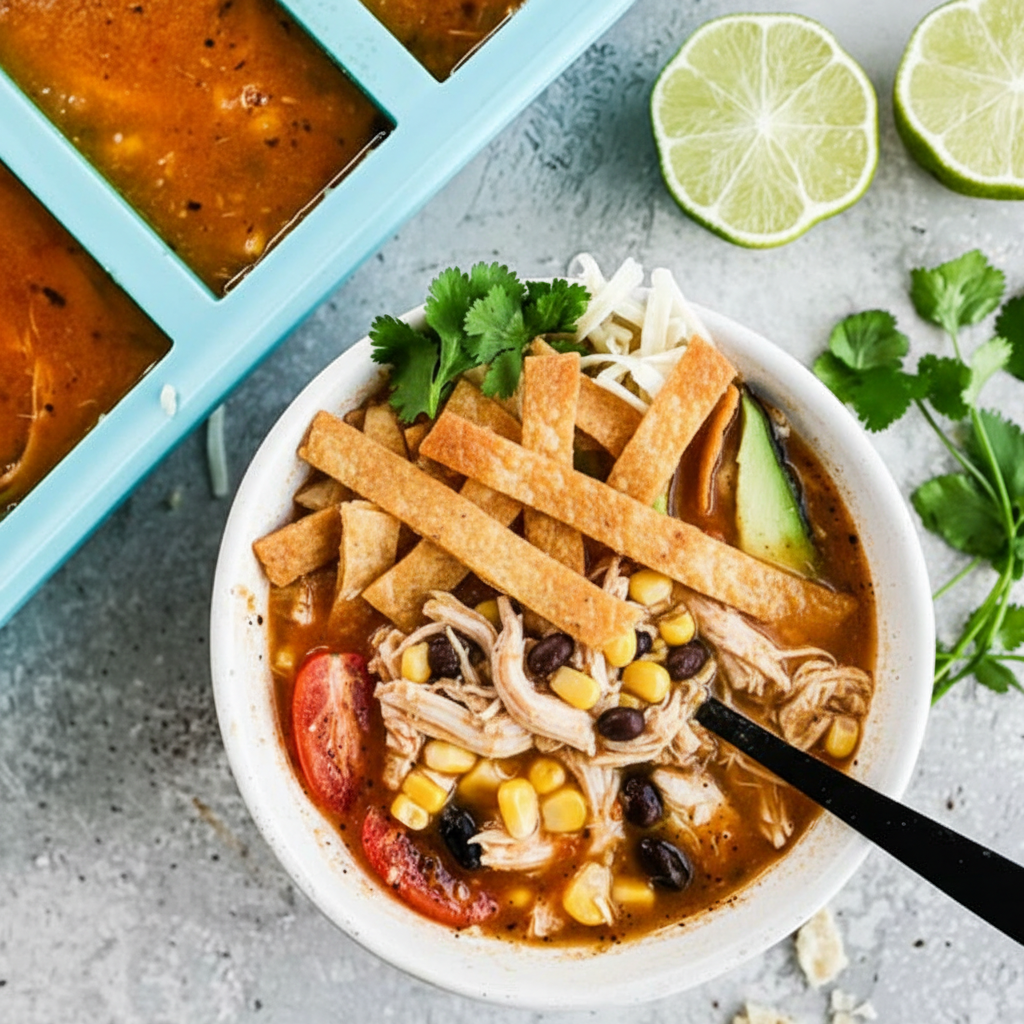 Easy chicken tortilla soup with toasted tortilla immersion technique in a minimalist ceramic bowl on white marble.