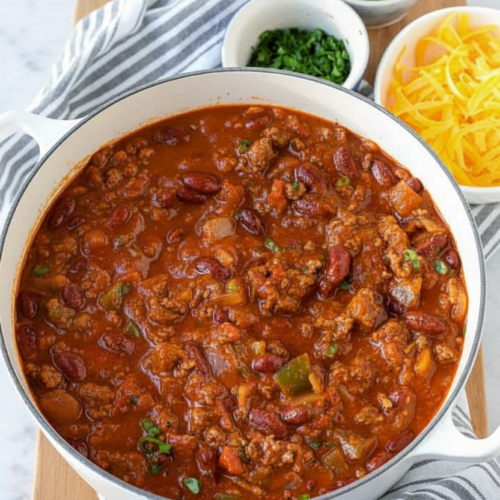 Hearty easy chili recipe stovetop in white ceramic on marble, featuring a rich cocoa-infused umami texture.