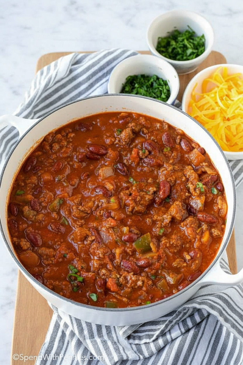 Hearty easy chili recipe stovetop in white ceramic on marble, featuring a rich cocoa-infused umami texture.