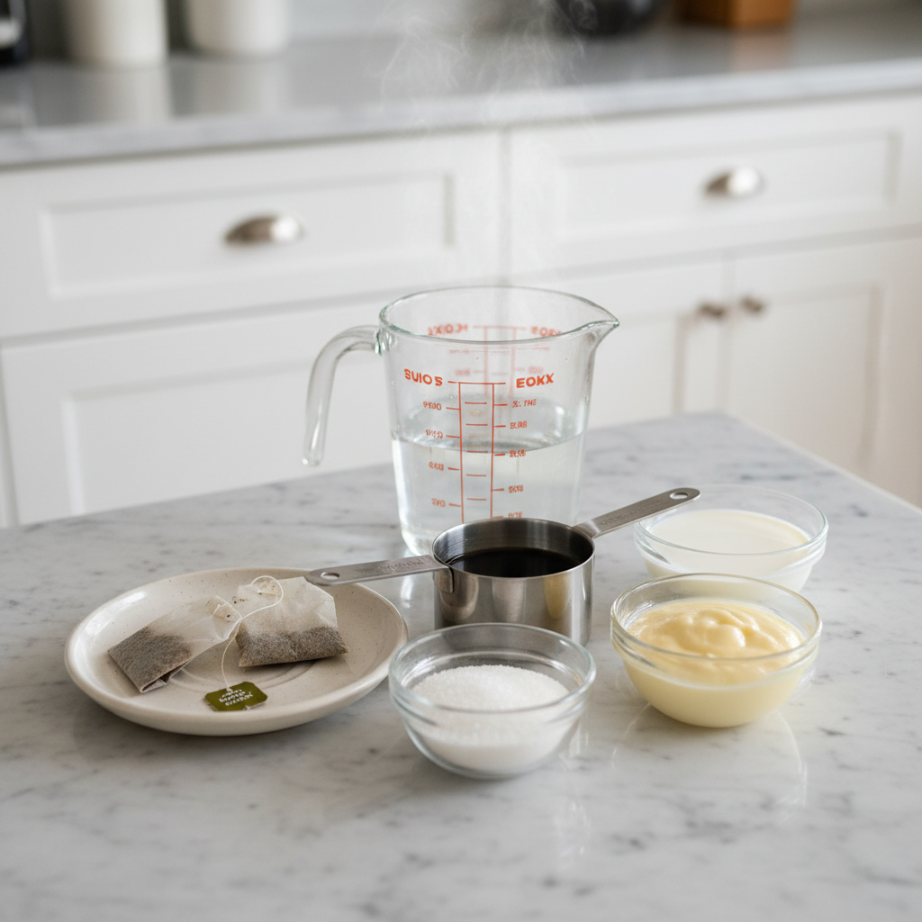 Fresh ingredients laid out for an Eggnog Chai Latte Recipe, including eggnog, black tea bags, milk, and spices.