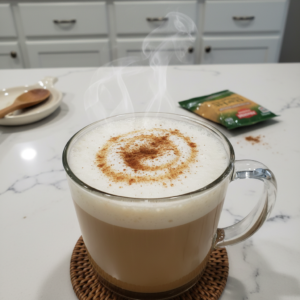 A warm, frothy mug of eggnog chai latte topped with cinnamon and a star anise, ready to enjoy.