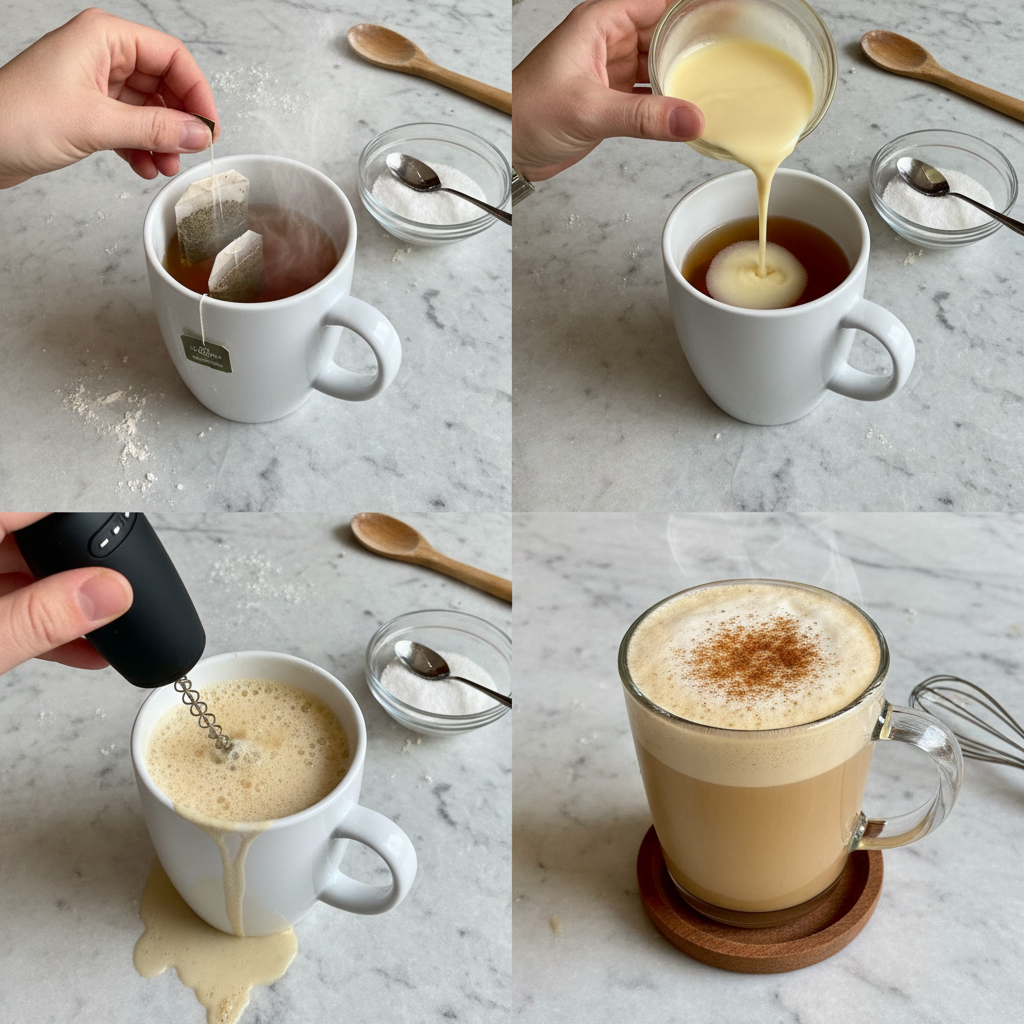 A whisk stirring liquid in a saucepan, showing the blending process for an Eggnog Chai Latte Recipe.