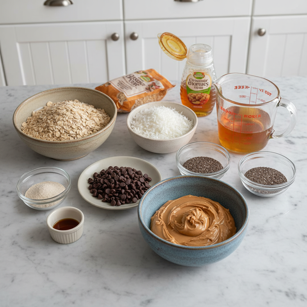 Various wholesome ingredients for energy balls, including oats, nuts, dates, and chia seeds, neatly arranged on a wooden board.