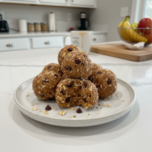 A plate of perfectly rounded energy balls, coated in coconut flakes, ready for a healthy and delicious snack.