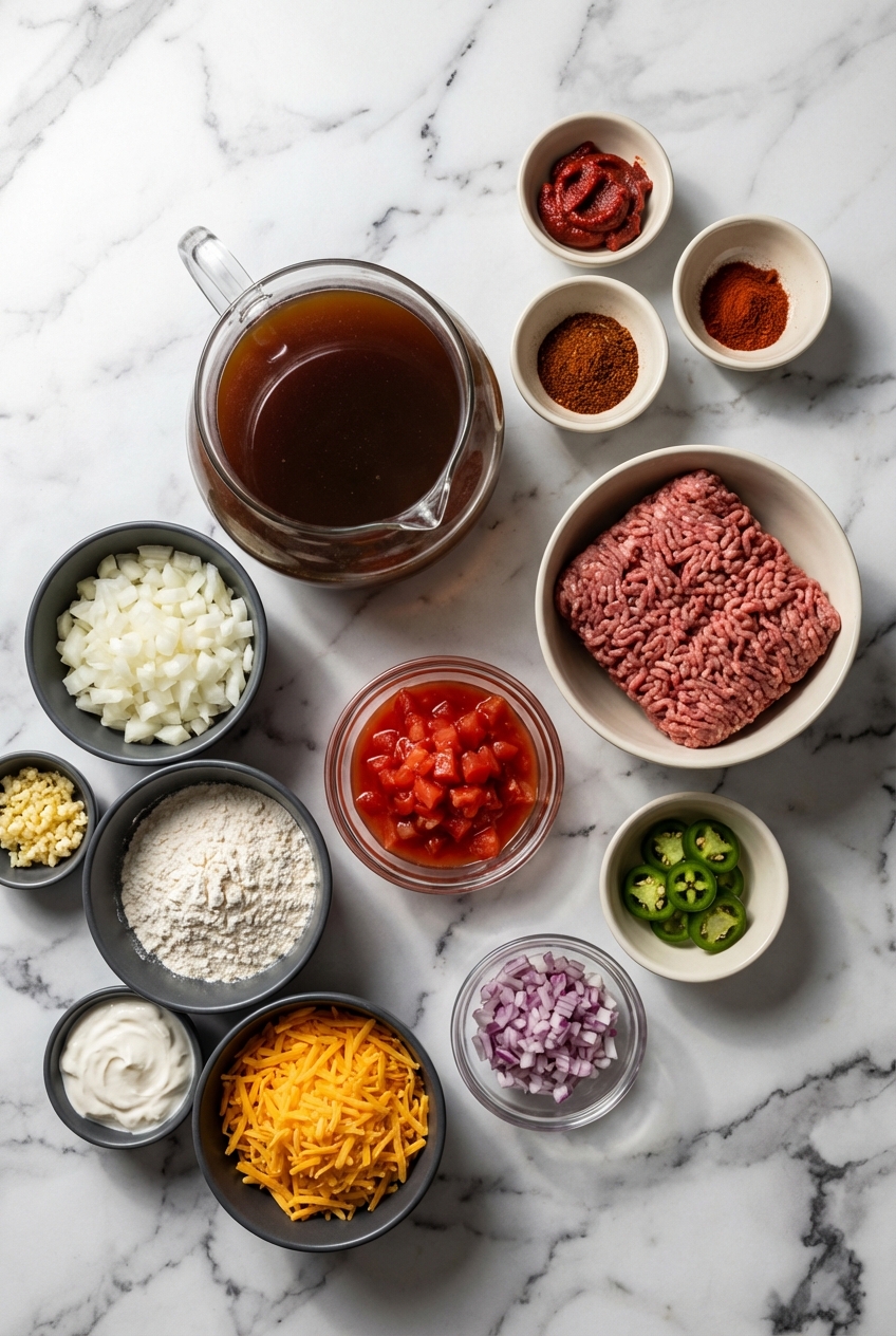 Overhead flat lay of ground beef, kidney beans, and masa harina on a contemporary white marble surface under natural window light for a texas roadhouse chili recipe.