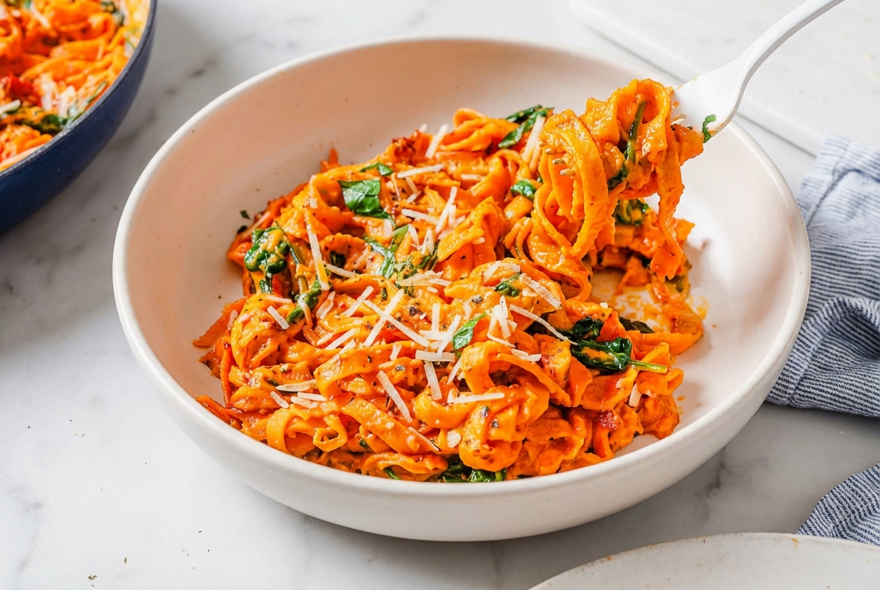 Sweet Potato Noodles on a minimalist ceramic plate, showing caramelized edges from the flash-bake method on white marble.