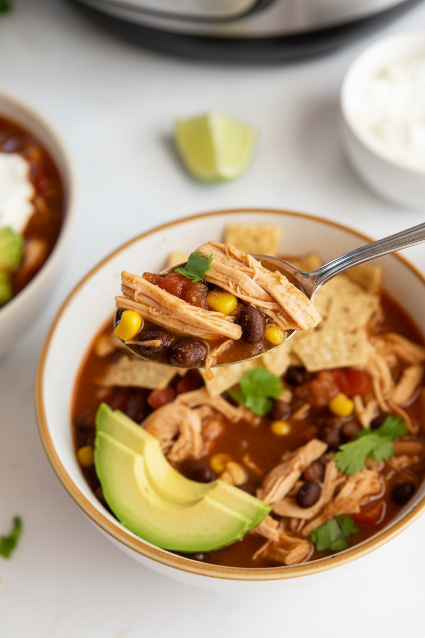 Close-up of instant pot chicken tortilla soup showing the Maillard reaction from deglazing the pot, presented on a white marble surface.