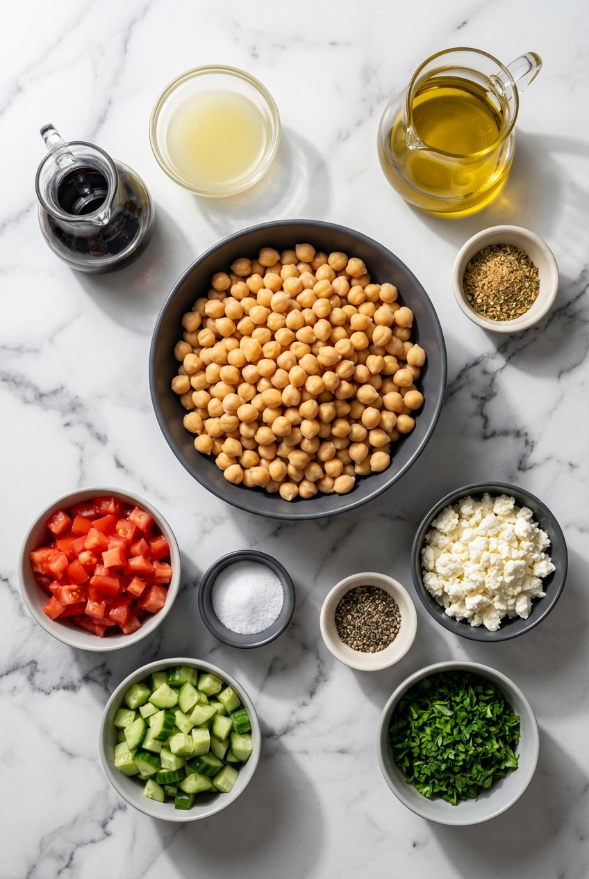 Flat lay of garbanzo beans, English cucumber, and Roma tomatoes on a contemporary white marble countertop.