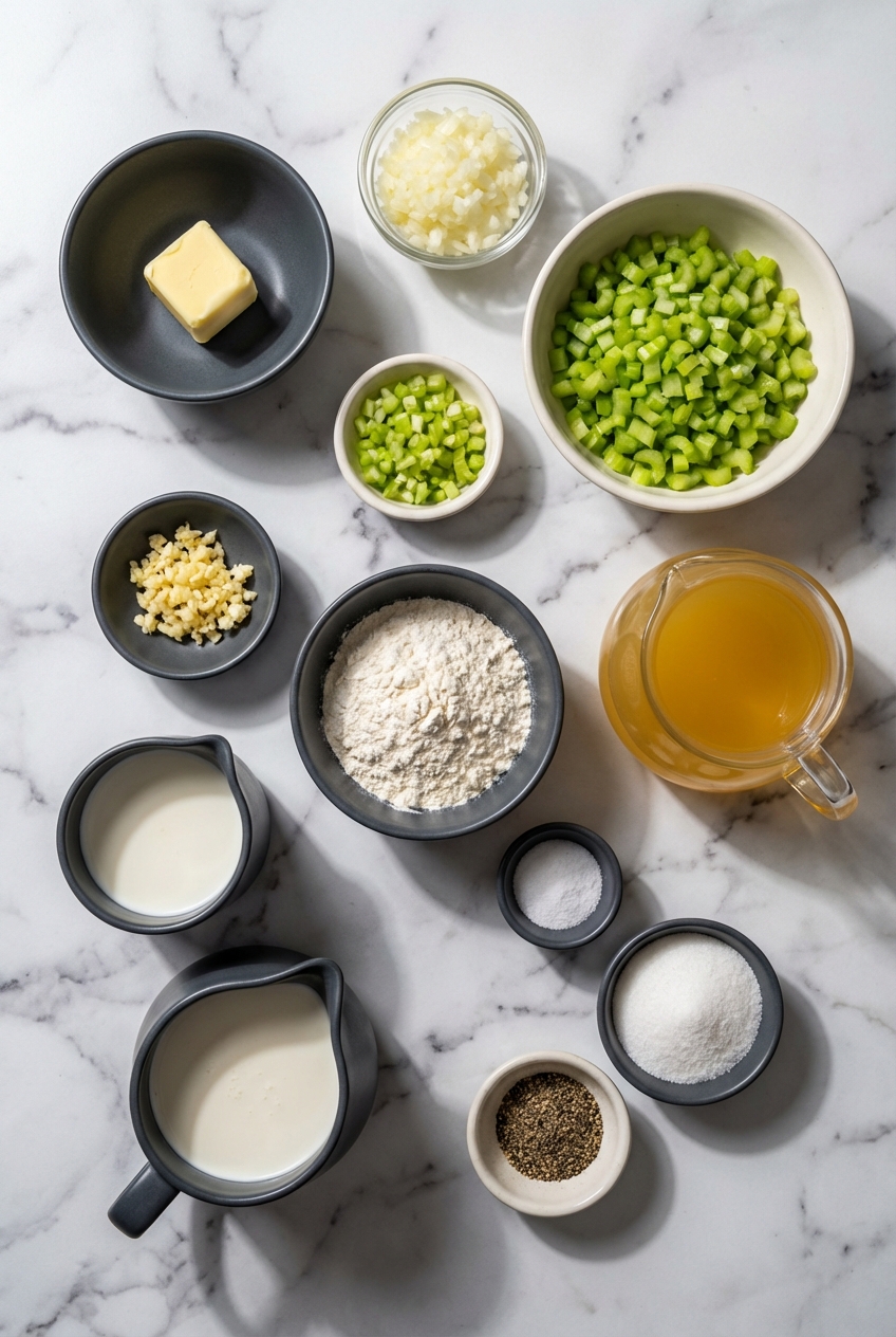 Overhead flat lay of celery, Mirepoix, and Chicken Broth on a white marble countertop for Celery Soup preparation.