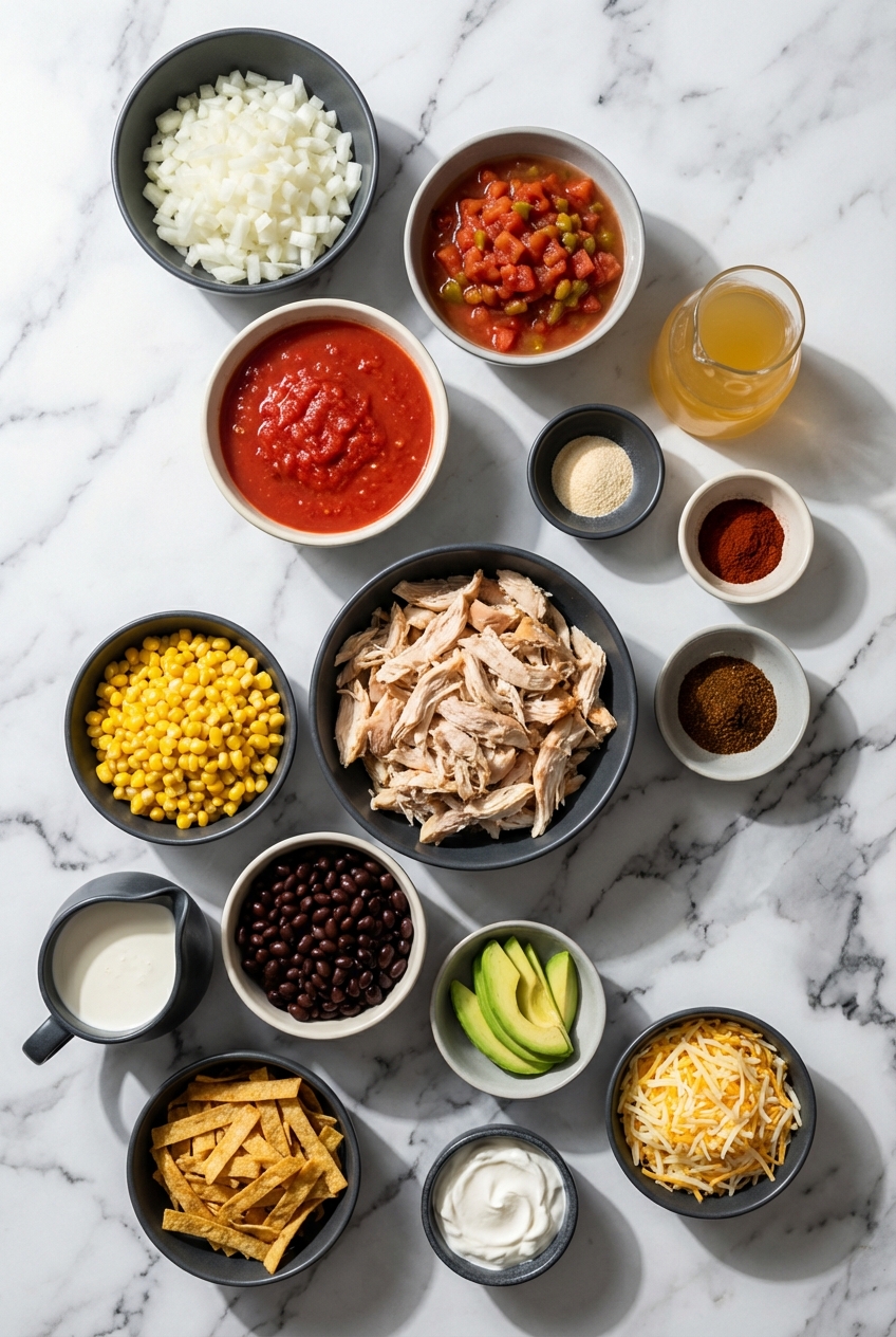 Flat lay of creamy chicken tortilla soup ingredients including rotisserie chicken, poblano peppers, and black beans on a contemporary countertop.