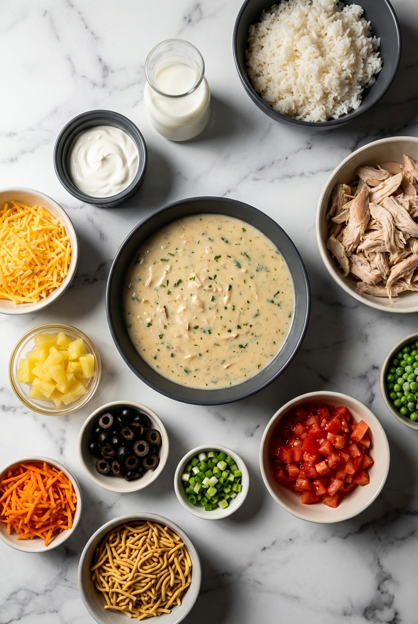 Flat lay of ingredients for hawaiian haystacks recipe including rotisserie chicken, jasmine rice, and pineapple tidbits on marble.