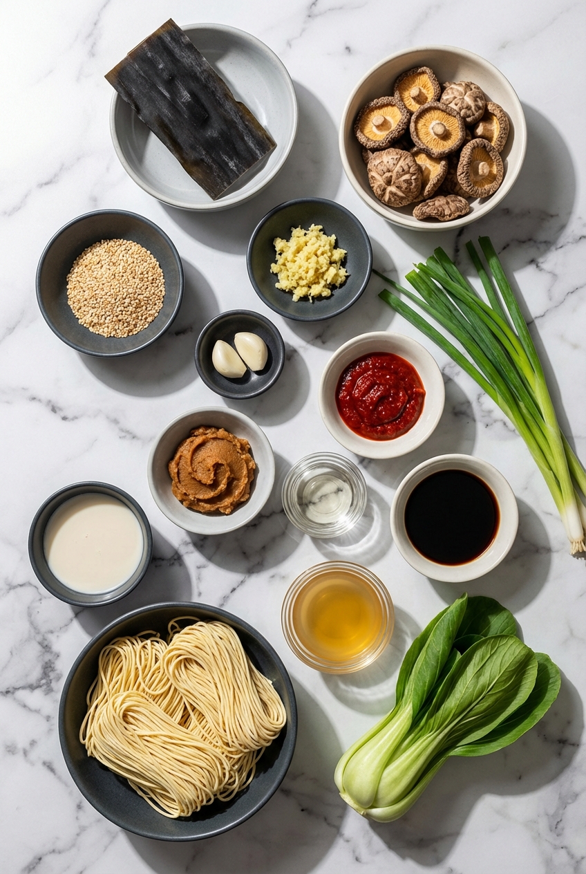 Flat lay of Vegetarian Ramen ingredients including Kombu, Shiitake, and Miso paste on a contemporary countertop.