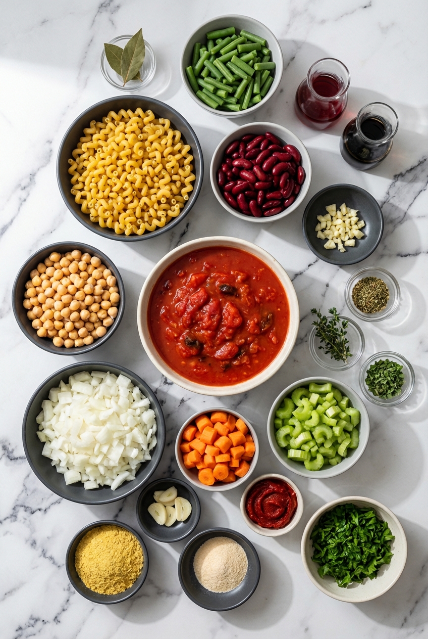 Overhead flat lay of Vegan Minestrone Soup ingredients including mirepoix, cannellini beans, and ditalini pasta on a contemporary countertop.