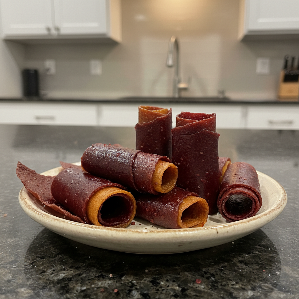 Vibrant homemade fruit leather strips, neatly rolled and ready to enjoy, showcasing their natural colors and chewy texture.
