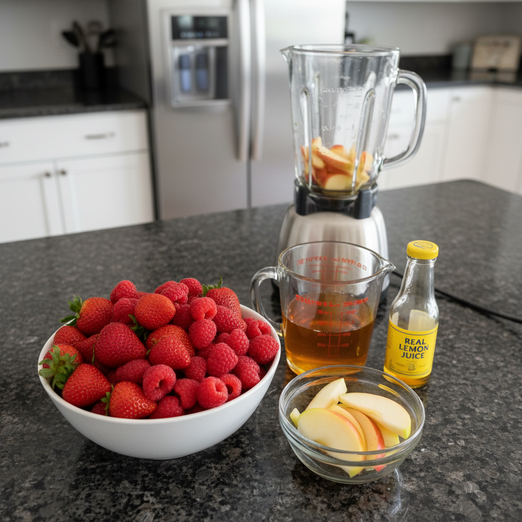 A colorful array of fresh fruits like berries and mango, along with a squeeze of lemon, essential for delicious Fruit Leather.