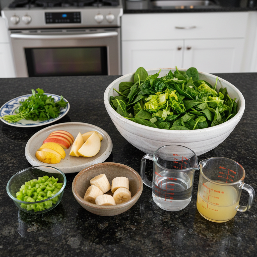 Fresh spinach, ripe banana, frozen pineapple chunks, coconut water, and chia seeds laid out for a Glowing Green Smoothie.