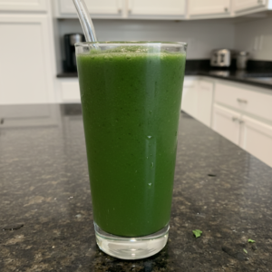 A vibrant, frothy Glowing Green Smoothie in a tall glass, garnished with fresh mint on a light wooden surface.