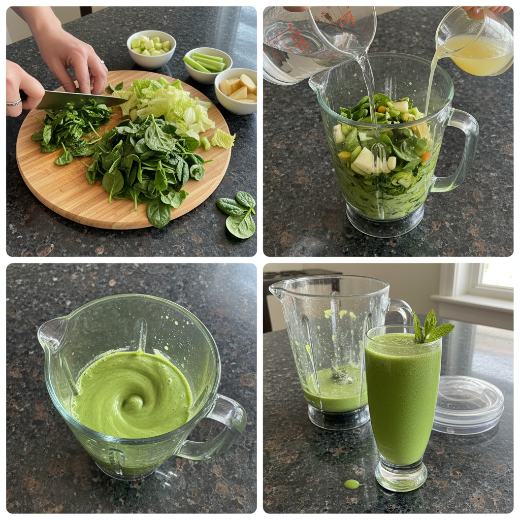 A hand carefully adding fresh spinach leaves into a blender jar filled with other fruits for a Glowing Green Smoothie.