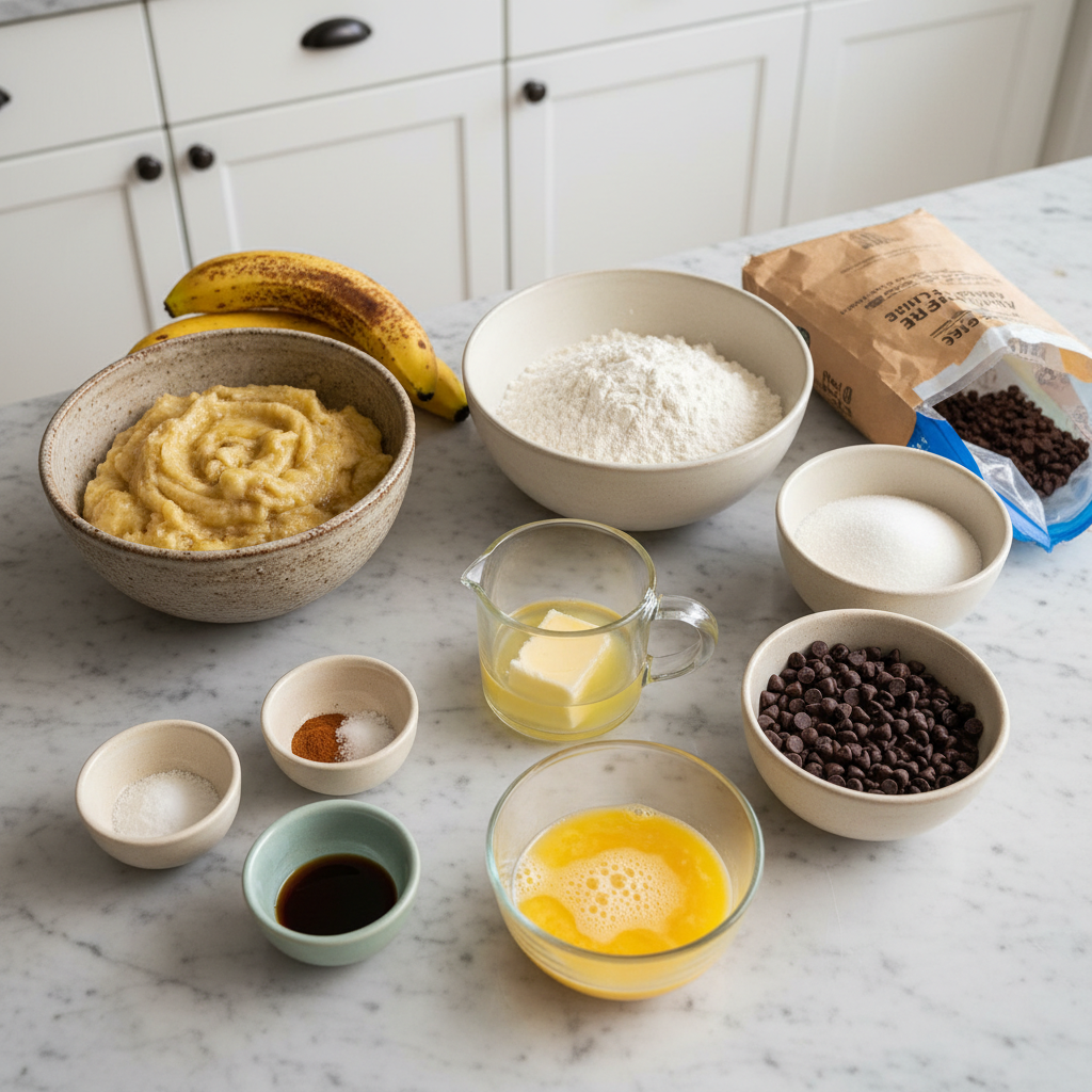 Fresh bananas, gluten-free flour blend, eggs, and other essential ingredients laid out for making Gluten Free Banana Muffins.