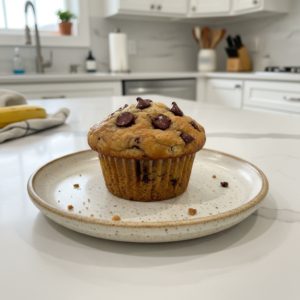 A golden-brown stack of fluffy Gluten Free Banana Muffins with a crumbly top, fresh out of the oven.