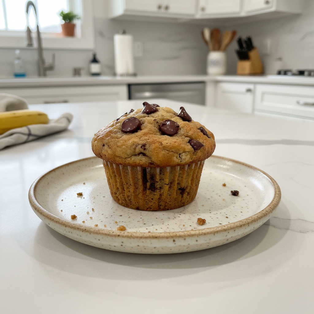 A golden-brown stack of fluffy Gluten Free Banana Muffins with a crumbly top, fresh out of the oven.
