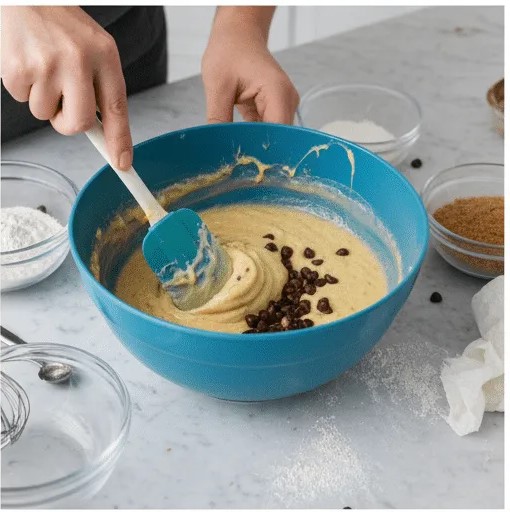 Hands mixing wet and dry ingredients in a bowl, preparing the batter for Gluten-Free Banana Muffins.
