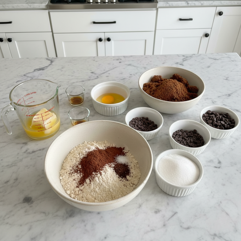 A collection of ingredients for gluten free brownies, including cocoa powder, gluten-free flour blend, eggs, and sugar, on a wooden board.