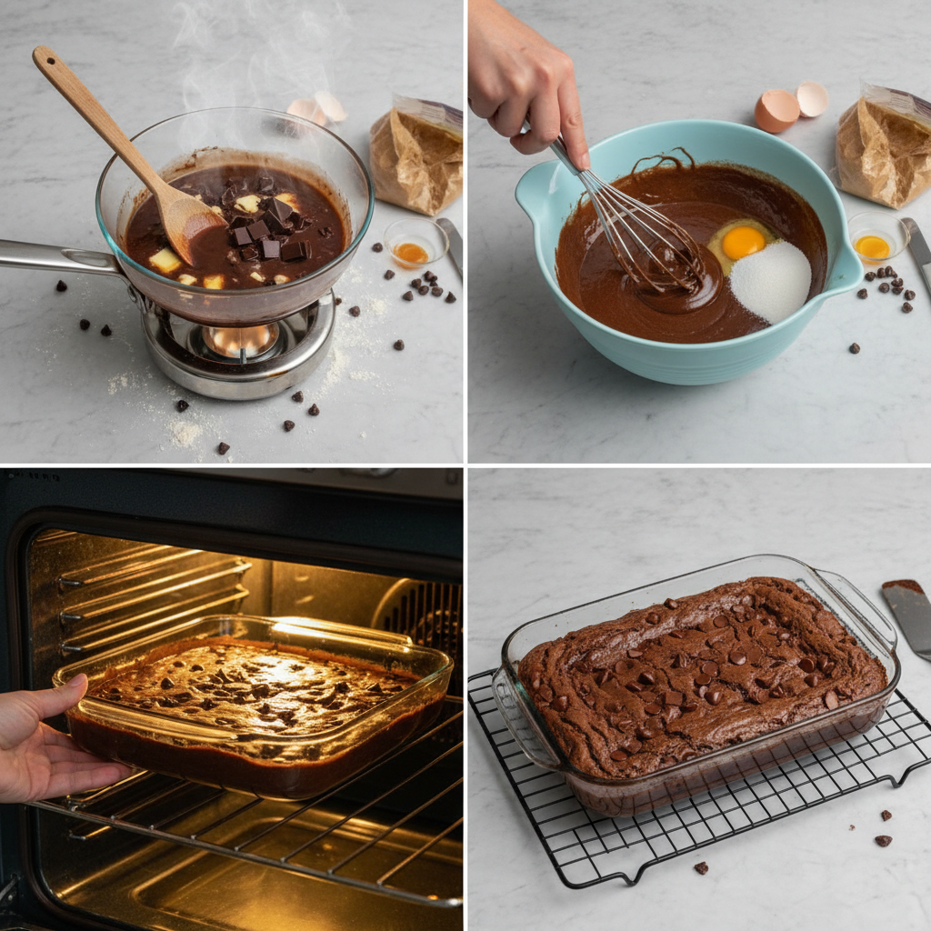A hand stirring the glossy batter for gluten free brownies in a glass bowl with a spatula, ready for baking.