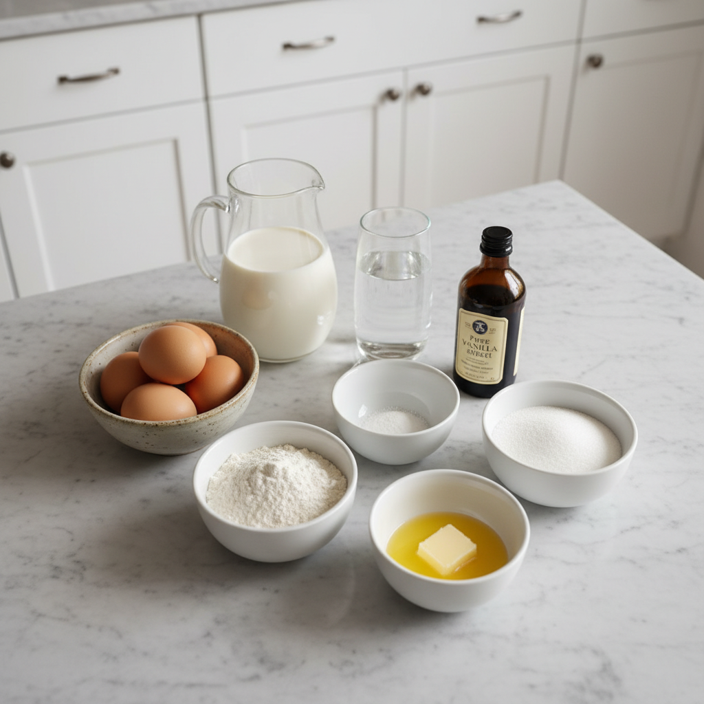 Assorted fresh ingredients for Gluten Free Crepes, including gluten-free flour blend, eggs, milk, and vanilla, neatly arranged on a counter.