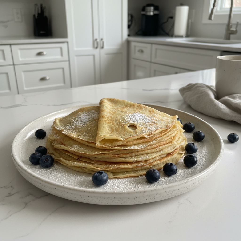 A stack of golden-brown Gluten Free Crepes, delicately folded and dusted with powdered sugar, ready to be served.