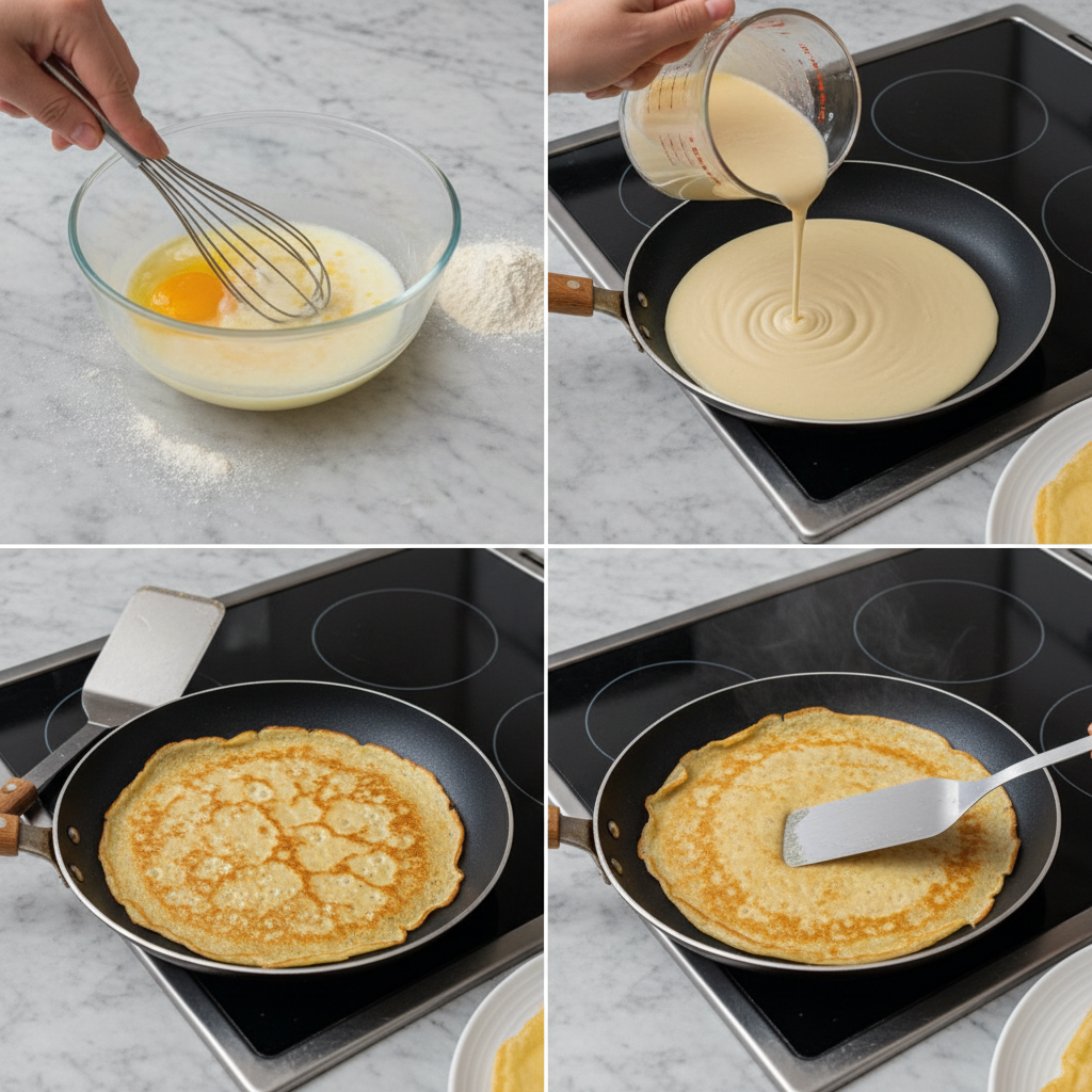 A thin layer of Gluten Free Crepes batter being skillfully poured and spread into a hot non-stick pan, beginning to cook.