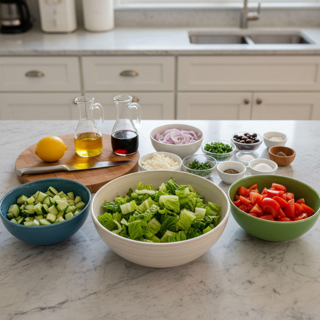 Fresh ingredients for a Greek Salad laid out, including ripe tomatoes, cucumbers, red onion, feta cheese, and Kalamata olives.
