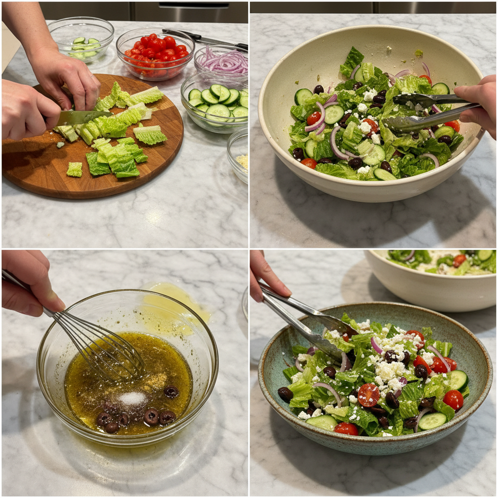 A chef's hands preparing a fresh Greek Salad, slicing cucumbers and mixing colorful vegetables in a large bowl.